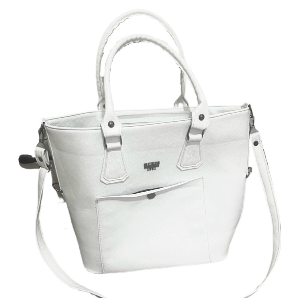 ✨SALE Guess Vintage Elegant White large Handbag Tote Book Bag purse Faux Leather